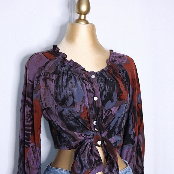 Anthropologie TRINITY tops, bohemian Tie Dye blouse, 100% Silk in Purple,  Small - Picture 4 of 10